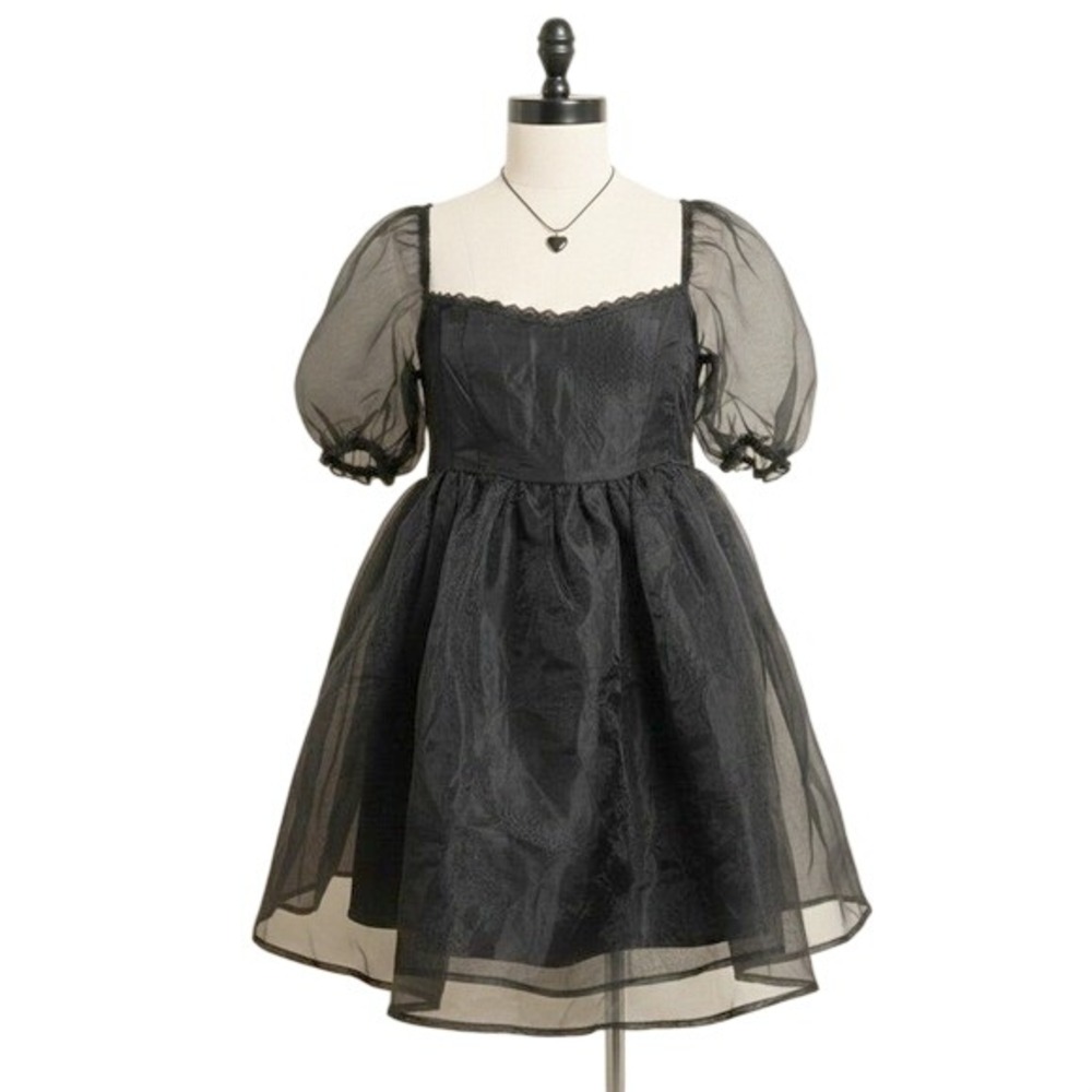 Black Organza Puff Sleeve Baby‎ Doll Mini Dress Smocked Medium Stretchy Princess